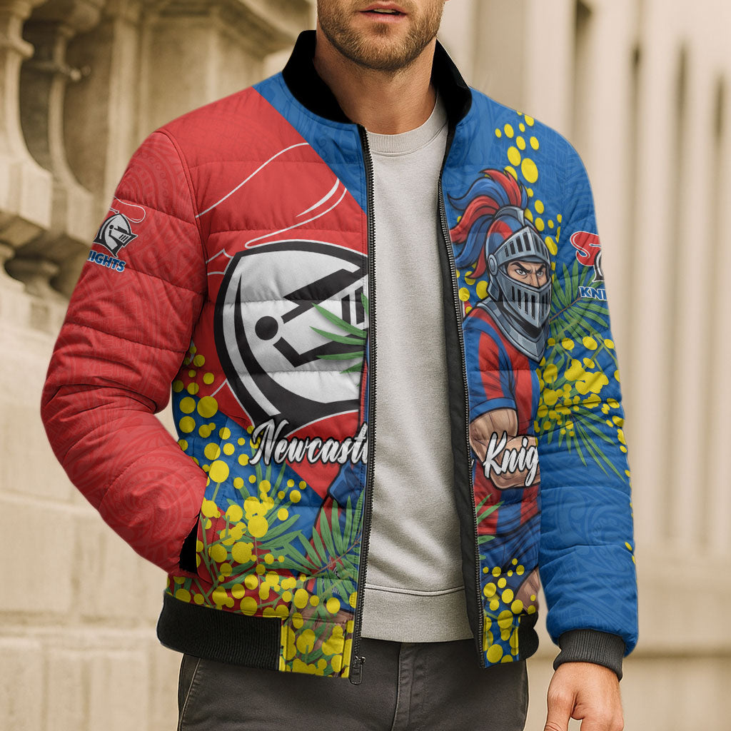Newcastle Knights Bomber Puffer Jacket Golden Wattle Floral Polynesian - Australian Flower - Rugby Mascot