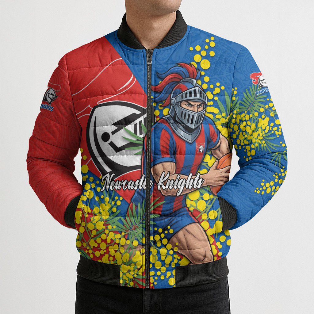Newcastle Knights Bomber Puffer Jacket Golden Wattle Floral Polynesian - Australian Flower - Rugby Mascot