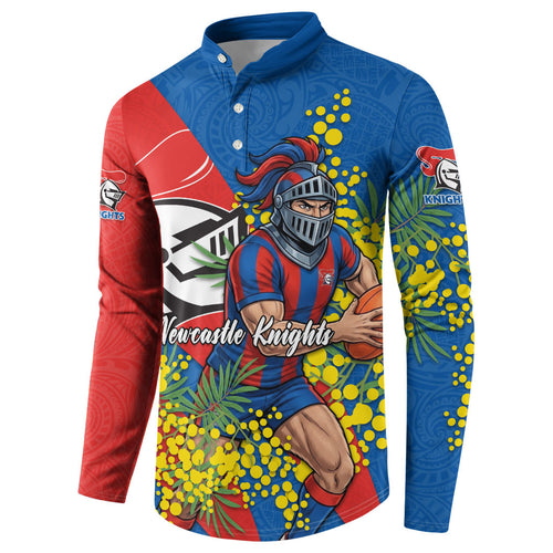 Newcastle Knights Button Sweatshirt Golden Wattle Floral Polynesian - Australian Flower - Rugby Mascot