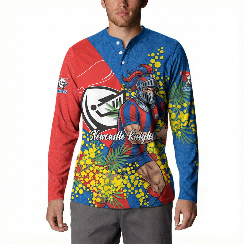 Newcastle Knights Button Sweatshirt Golden Wattle Floral Polynesian - Australian Flower - Rugby Mascot