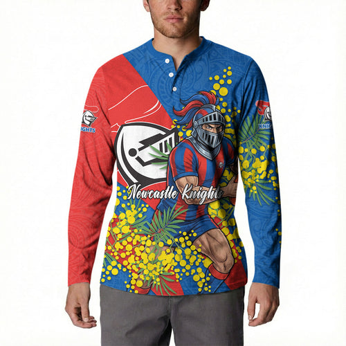 Newcastle Knights Button Sweatshirt Golden Wattle Floral Polynesian - Australian Flower - Rugby Mascot