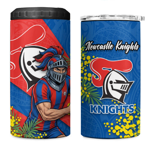 Newcastle Knights 4 in 1 Can Cooler Tumbler Golden Wattle Floral Polynesian - Australian Flower - Rugby Mascot
