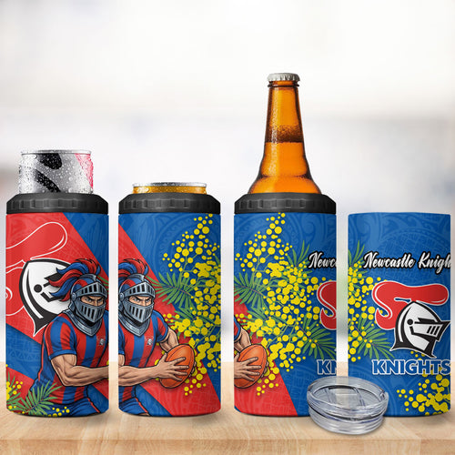 Newcastle Knights 4 in 1 Can Cooler Tumbler Golden Wattle Floral Polynesian - Australian Flower - Rugby Mascot