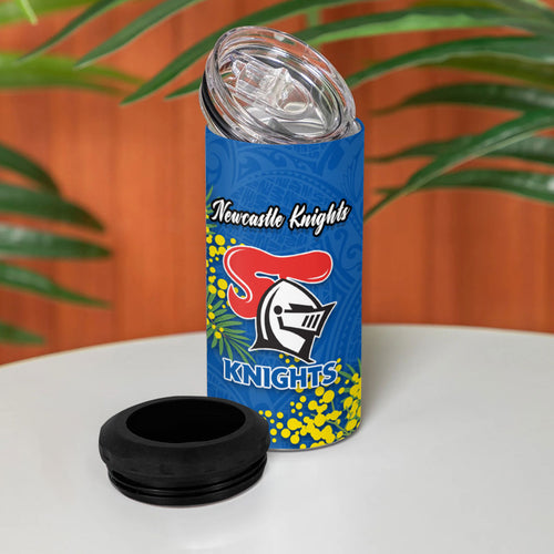 Newcastle Knights 4 in 1 Can Cooler Tumbler Golden Wattle Floral Polynesian - Australian Flower - Rugby Mascot