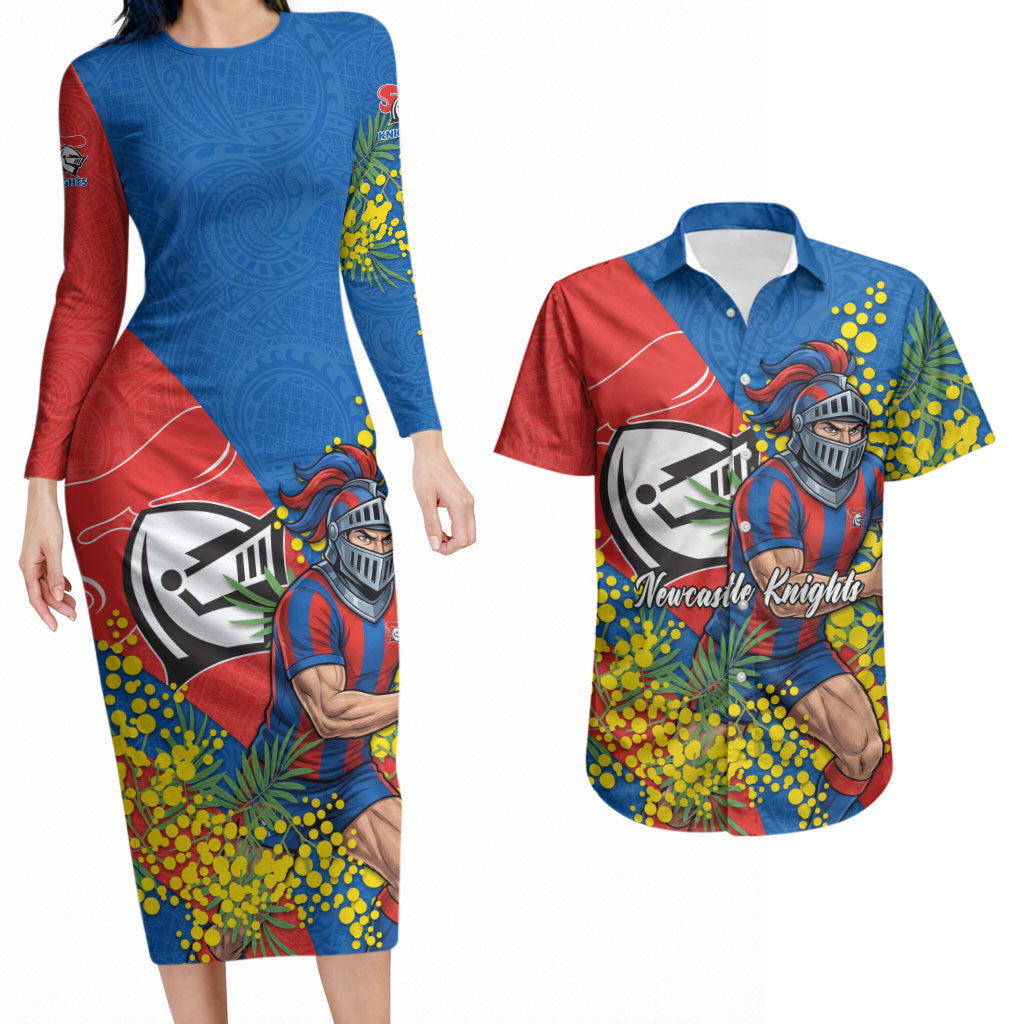 Newcastle Knights Couples Matching Long Sleeve Bodycon Dress and Hawaiian Shirt Golden Wattle Floral Polynesian - Australian Flower - Rugby Mascot
