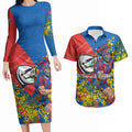 Newcastle Knights Couples Matching Long Sleeve Bodycon Dress and Hawaiian Shirt Golden Wattle Floral Polynesian - Australian Flower - Rugby Mascot