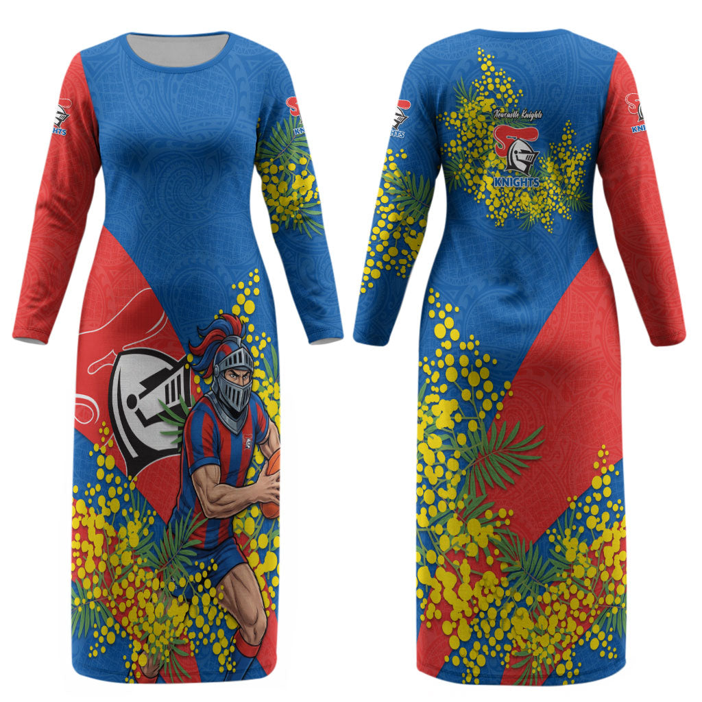 Newcastle Knights Couples Matching Long Sleeve Bodycon Dress and Hawaiian Shirt Golden Wattle Floral Polynesian - Australian Flower - Rugby Mascot
