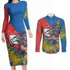 Newcastle Knights Couples Matching Long Sleeve Bodycon Dress and Long Sleeve Button Shirt Golden Wattle Floral Polynesian - Australian Flower - Rugby Mascot