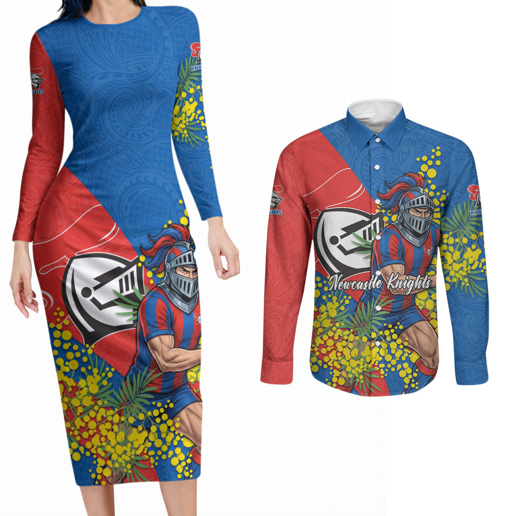 Newcastle Knights Couples Matching Long Sleeve Bodycon Dress and Long Sleeve Button Shirt Golden Wattle Floral Polynesian - Australian Flower - Rugby Mascot
