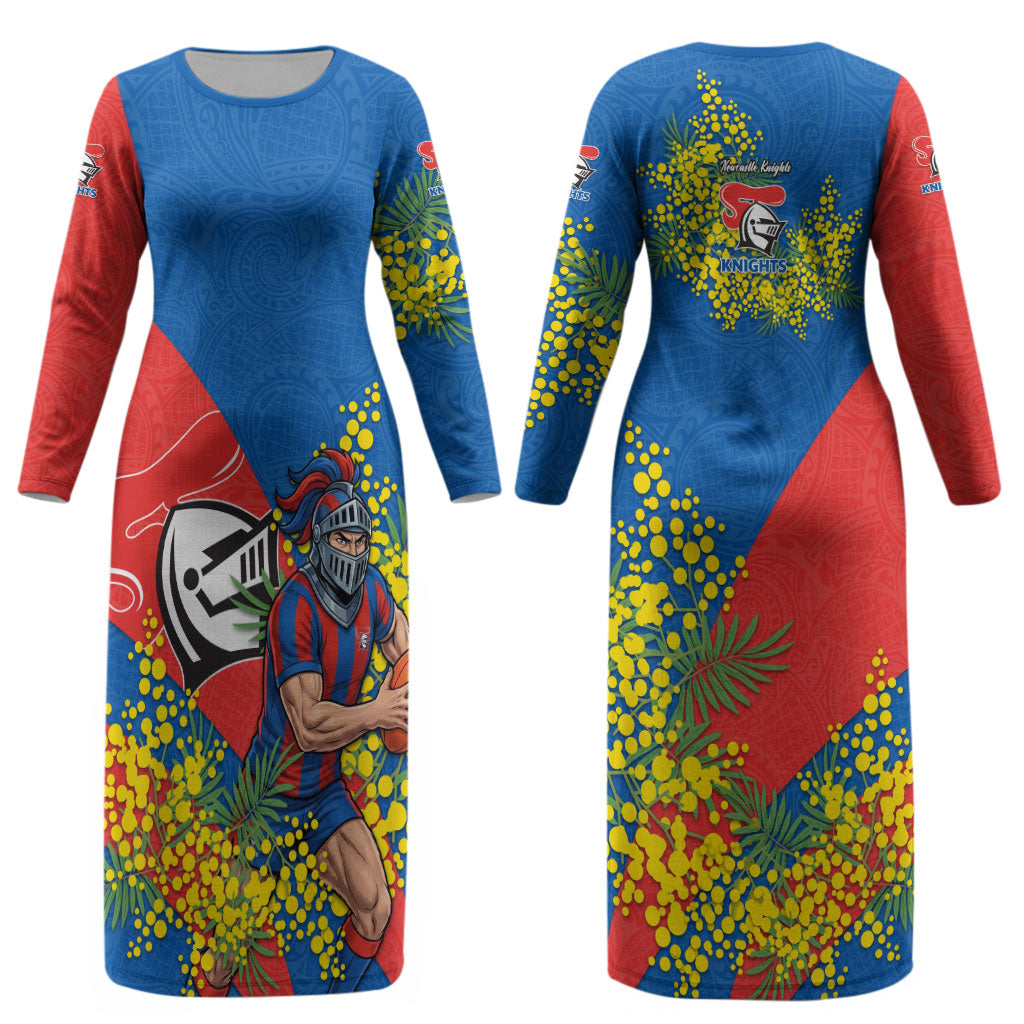 Newcastle Knights Couples Matching Long Sleeve Bodycon Dress and Long Sleeve Button Shirt Golden Wattle Floral Polynesian - Australian Flower - Rugby Mascot