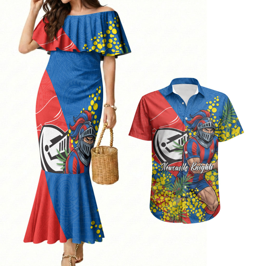 Newcastle Knights Couples Matching Mermaid Dress and Hawaiian Shirt Golden Wattle Floral Polynesian - Australian Flower - Rugby Mascot