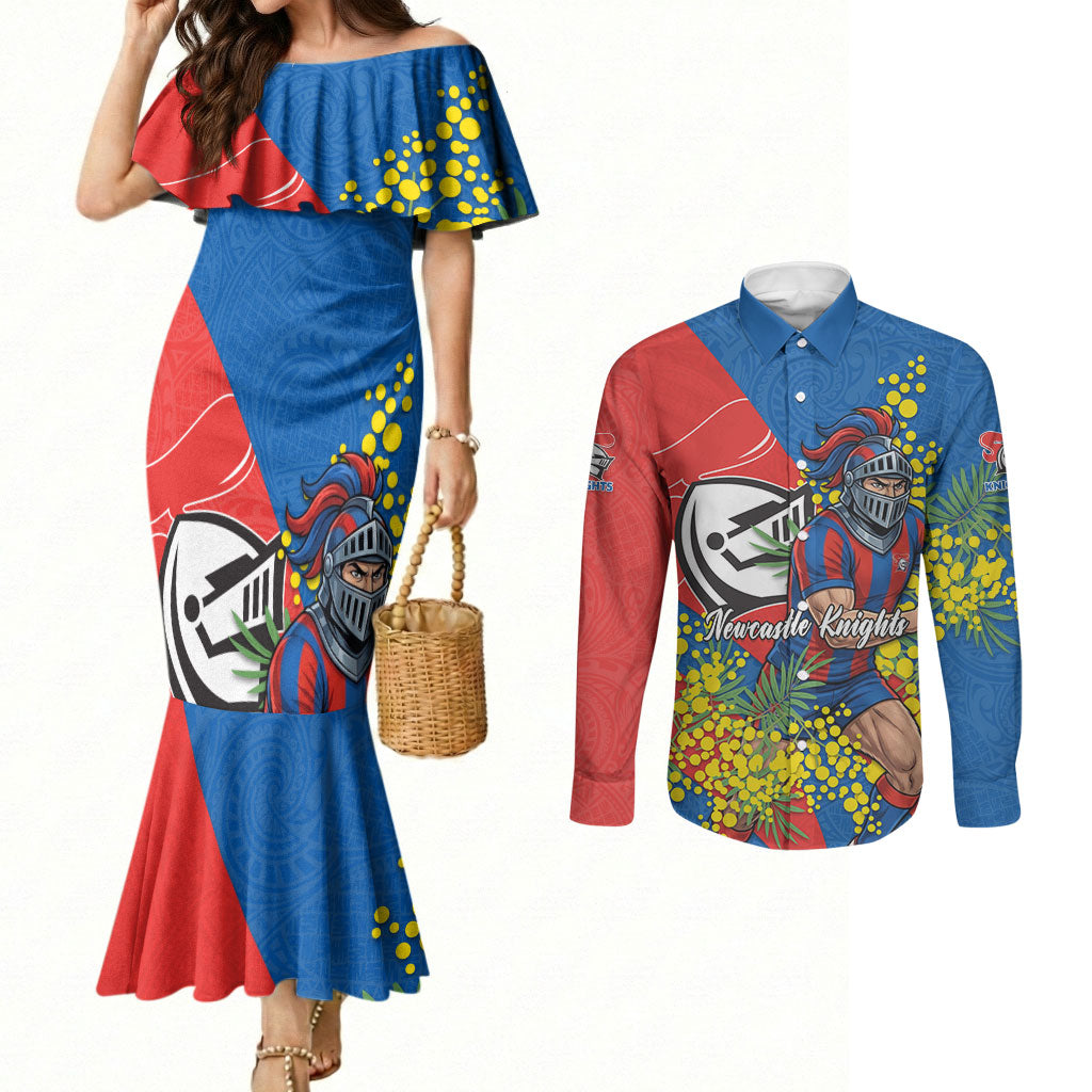 Newcastle Knights Couples Matching Mermaid Dress and Long Sleeve Button Shirt Golden Wattle Floral Polynesian - Australian Flower - Rugby Mascot