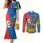 Newcastle Knights Couples Matching Mermaid Dress and Long Sleeve Button Shirt Golden Wattle Floral Polynesian - Australian Flower - Rugby Mascot