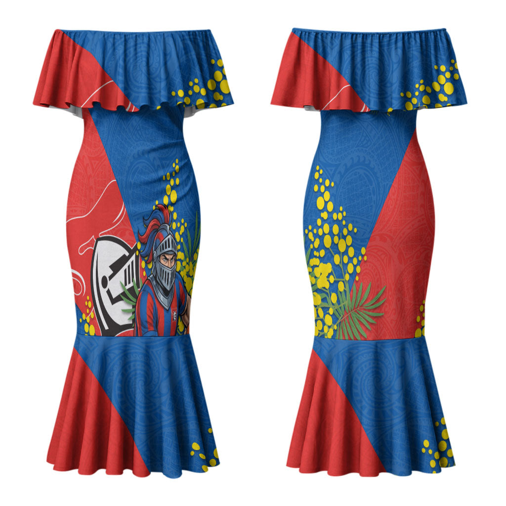 Newcastle Knights Couples Matching Mermaid Dress and Long Sleeve Button Shirt Golden Wattle Floral Polynesian - Australian Flower - Rugby Mascot