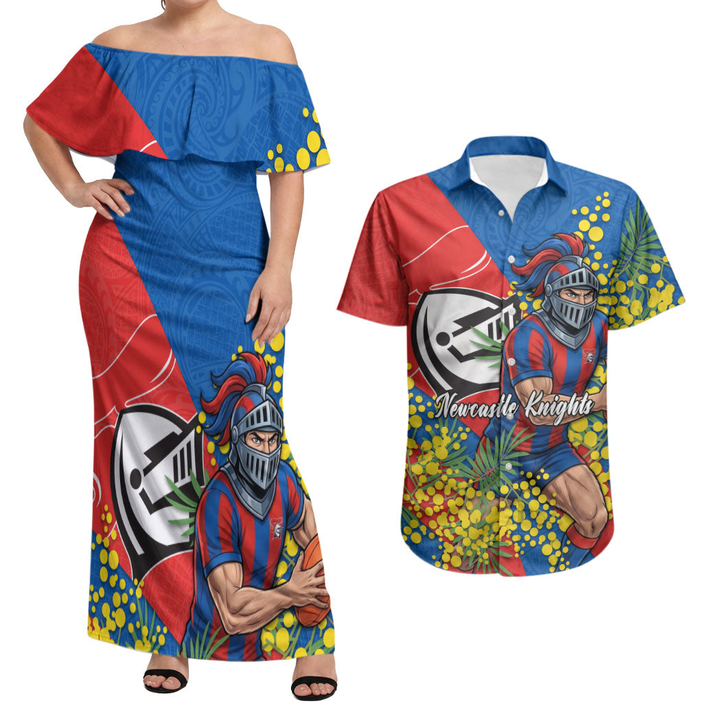 Newcastle Knights Couples Matching Off Shoulder Maxi Dress and Hawaiian Shirt Golden Wattle Floral Polynesian - Australian Flower - Rugby Mascot