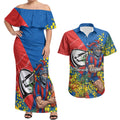 Newcastle Knights Couples Matching Off Shoulder Maxi Dress and Hawaiian Shirt Golden Wattle Floral Polynesian - Australian Flower - Rugby Mascot