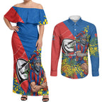Newcastle Knights Couples Matching Off Shoulder Maxi Dress and Long Sleeve Button Shirt Golden Wattle Floral Polynesian - Australian Flower - Rugby Mascot