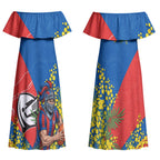 Newcastle Knights Couples Matching Off Shoulder Maxi Dress and Long Sleeve Button Shirt Golden Wattle Floral Polynesian - Australian Flower - Rugby Mascot