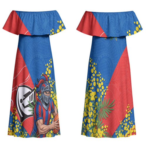 Newcastle Knights Couples Matching Off Shoulder Maxi Dress and Long Sleeve Button Shirt Golden Wattle Floral Polynesian - Australian Flower - Rugby Mascot