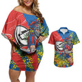 Newcastle Knights Couples Matching Off Shoulder Short Dress and Hawaiian Shirt Golden Wattle Floral Polynesian - Australian Flower - Rugby Mascot