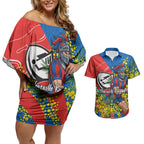 Newcastle Knights Couples Matching Off Shoulder Short Dress and Hawaiian Shirt Golden Wattle Floral Polynesian - Australian Flower - Rugby Mascot