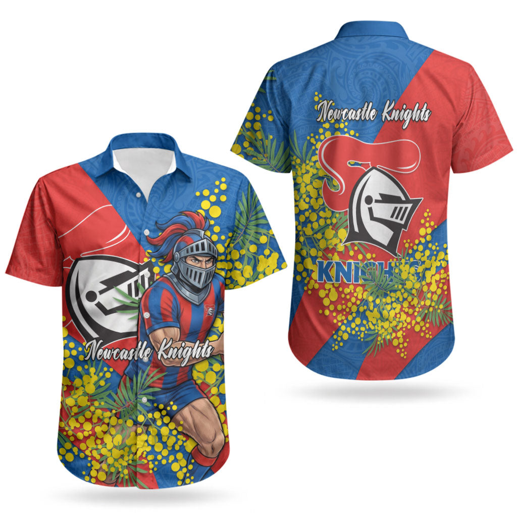 Newcastle Knights Couples Matching Off Shoulder Short Dress and Hawaiian Shirt Golden Wattle Floral Polynesian - Australian Flower - Rugby Mascot