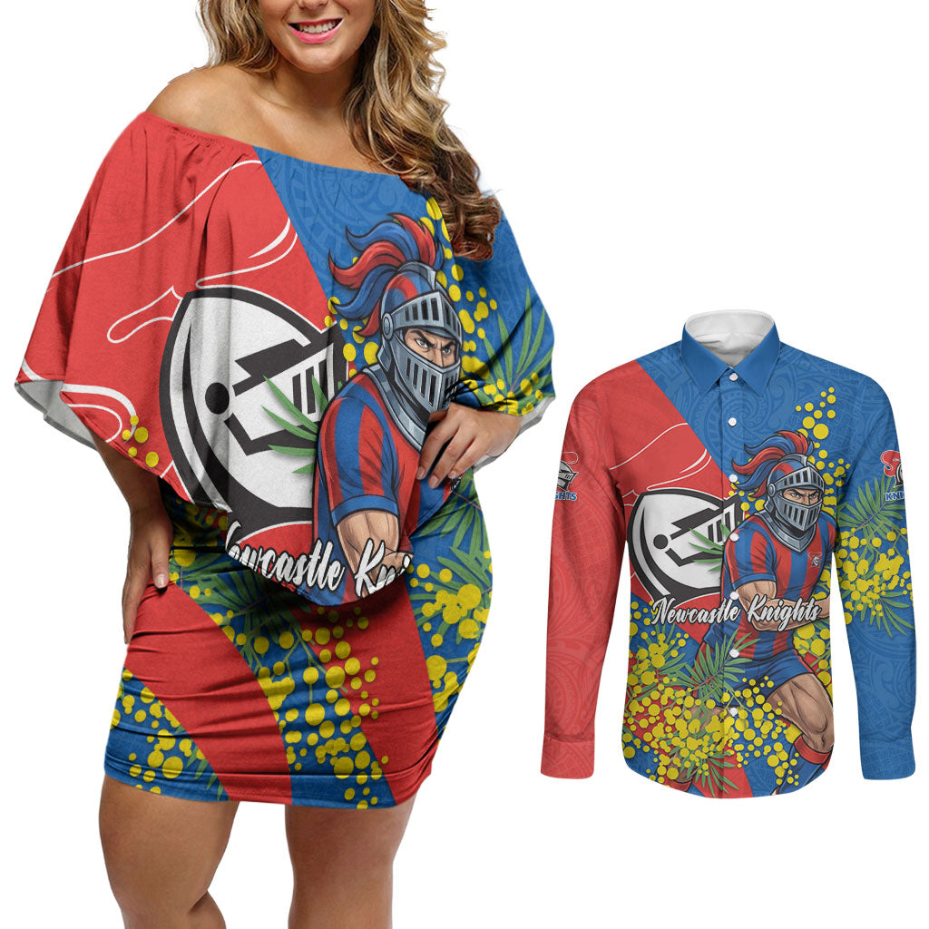 Newcastle Knights Couples Matching Off Shoulder Short Dress and Long Sleeve Button Shirt Golden Wattle Floral Polynesian - Australian Flower - Rugby Mascot