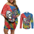 Newcastle Knights Couples Matching Off Shoulder Short Dress and Long Sleeve Button Shirt Golden Wattle Floral Polynesian - Australian Flower - Rugby Mascot