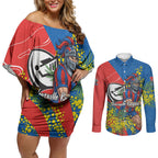 Newcastle Knights Couples Matching Off Shoulder Short Dress and Long Sleeve Button Shirt Golden Wattle Floral Polynesian - Australian Flower - Rugby Mascot
