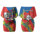 Newcastle Knights Couples Matching Off Shoulder Short Dress and Long Sleeve Button Shirt Golden Wattle Floral Polynesian - Australian Flower - Rugby Mascot