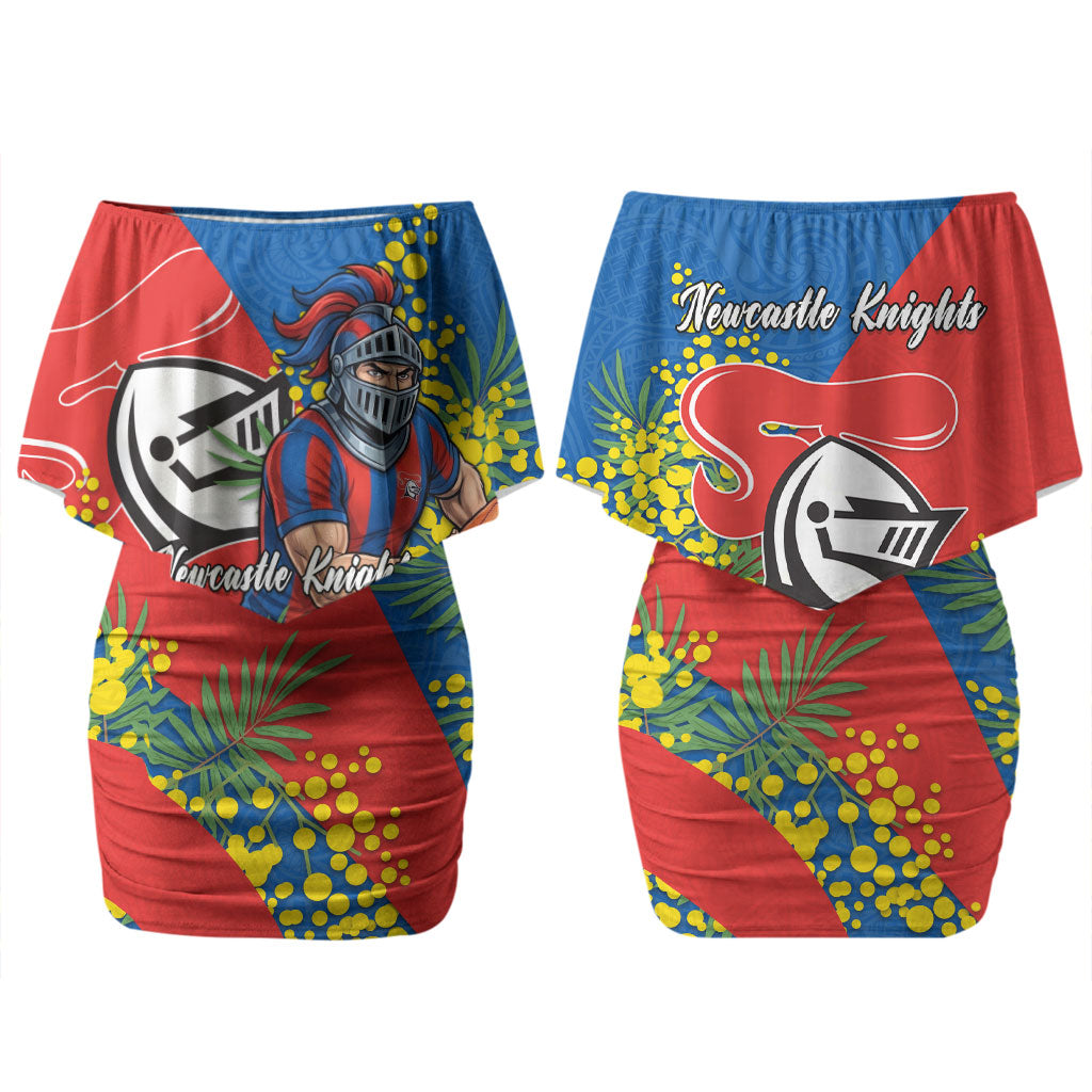 Newcastle Knights Couples Matching Off Shoulder Short Dress and Long Sleeve Button Shirt Golden Wattle Floral Polynesian - Australian Flower - Rugby Mascot