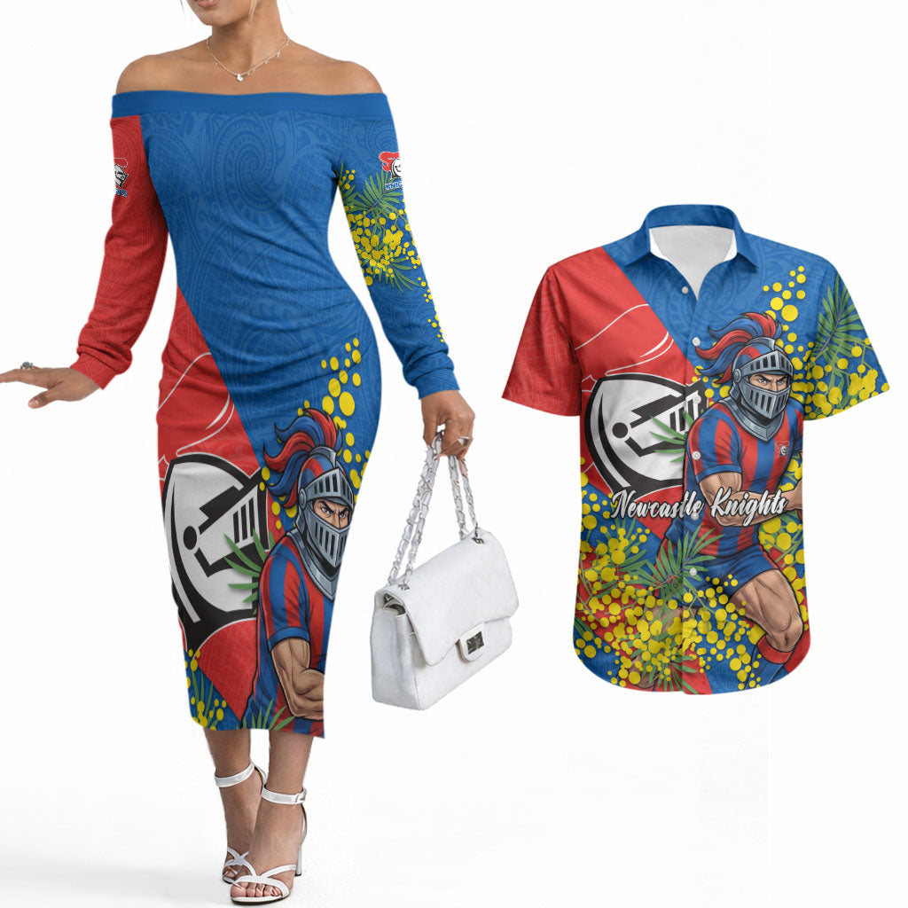 Newcastle Knights Couples Matching Off The Shoulder Long Sleeve Dress and Hawaiian Shirt Golden Wattle Floral Polynesian - Australian Flower - Rugby Mascot