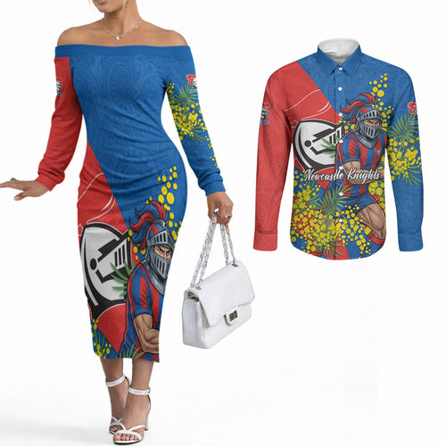 Newcastle Knights Couples Matching Off The Shoulder Long Sleeve Dress and Long Sleeve Button Shirt Golden Wattle Floral Polynesian - Australian Flower - Rugby Mascot