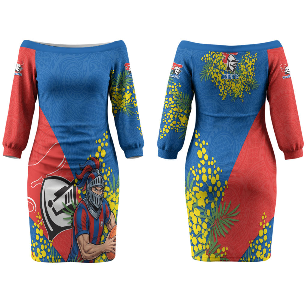 Newcastle Knights Couples Matching Off The Shoulder Long Sleeve Dress and Long Sleeve Button Shirt Golden Wattle Floral Polynesian - Australian Flower - Rugby Mascot