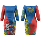 Newcastle Knights Couples Matching Off The Shoulder Long Sleeve Dress and Long Sleeve Button Shirt Golden Wattle Floral Polynesian - Australian Flower - Rugby Mascot