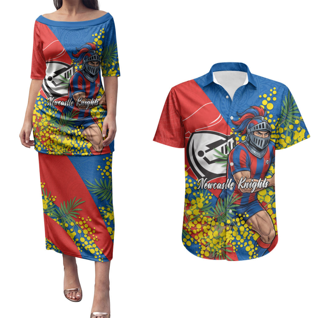 Newcastle Knights Couples Matching Puletasi and Hawaiian Shirt Golden Wattle Floral Polynesian - Australian Flower - Rugby Mascot