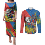 Newcastle Knights Couples Matching Puletasi and Long Sleeve Button Shirt Golden Wattle Floral Polynesian - Australian Flower - Rugby Mascot