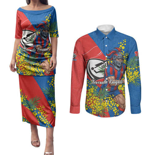 Newcastle Knights Couples Matching Puletasi and Long Sleeve Button Shirt Golden Wattle Floral Polynesian - Australian Flower - Rugby Mascot