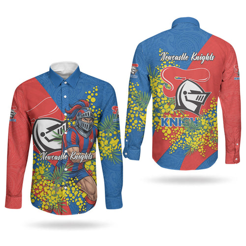 Newcastle Knights Couples Matching Puletasi and Long Sleeve Button Shirt Golden Wattle Floral Polynesian - Australian Flower - Rugby Mascot
