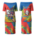 Newcastle Knights Couples Matching Puletasi and Long Sleeve Button Shirt Golden Wattle Floral Polynesian - Australian Flower - Rugby Mascot