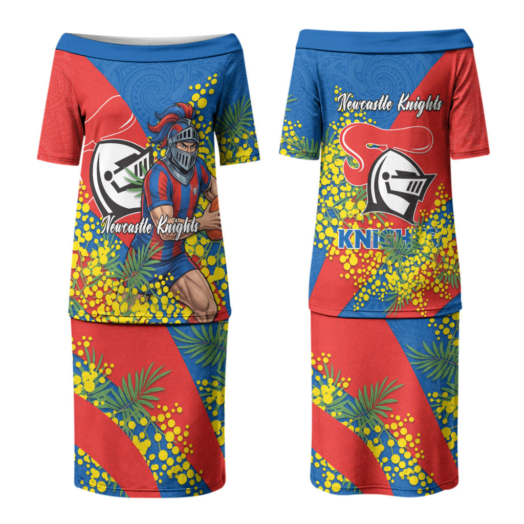 Newcastle Knights Couples Matching Puletasi and Long Sleeve Button Shirt Golden Wattle Floral Polynesian - Australian Flower - Rugby Mascot