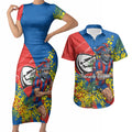 Newcastle Knights Couples Matching Short Sleeve Bodycon Dress and Hawaiian Shirt Golden Wattle Floral Polynesian - Australian Flower - Rugby Mascot