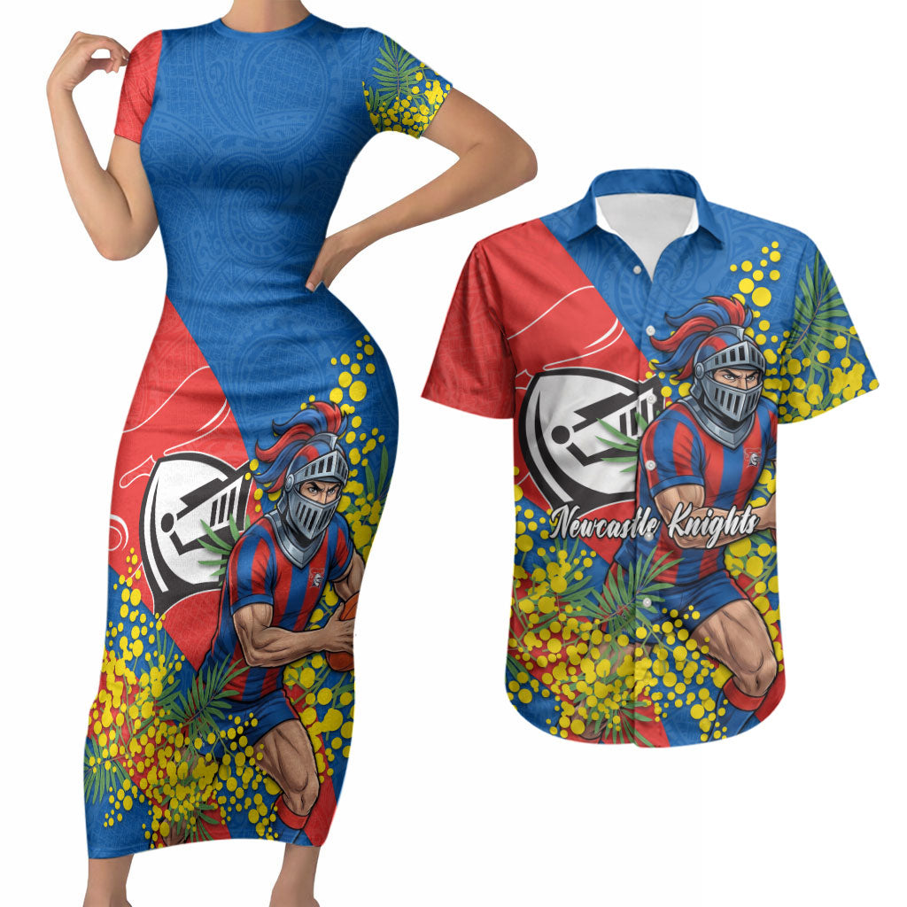 Newcastle Knights Couples Matching Short Sleeve Bodycon Dress and Hawaiian Shirt Golden Wattle Floral Polynesian - Australian Flower - Rugby Mascot