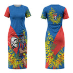 Newcastle Knights Couples Matching Short Sleeve Bodycon Dress and Hawaiian Shirt Golden Wattle Floral Polynesian - Australian Flower - Rugby Mascot