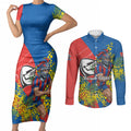 Newcastle Knights Couples Matching Short Sleeve Bodycon Dress and Long Sleeve Button Shirt Golden Wattle Floral Polynesian - Australian Flower - Rugby Mascot