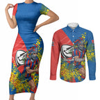 Newcastle Knights Couples Matching Short Sleeve Bodycon Dress and Long Sleeve Button Shirt Golden Wattle Floral Polynesian - Australian Flower - Rugby Mascot