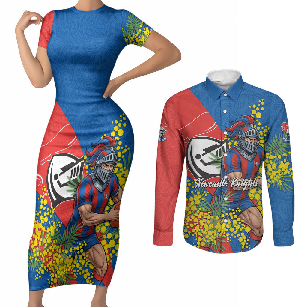 Newcastle Knights Couples Matching Short Sleeve Bodycon Dress and Long Sleeve Button Shirt Golden Wattle Floral Polynesian - Australian Flower - Rugby Mascot