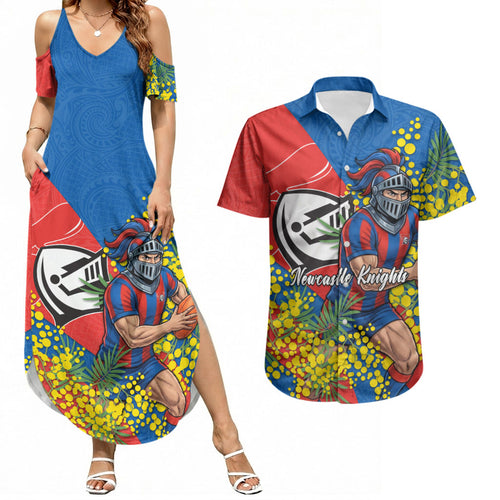 Newcastle Knights Couples Matching Summer Maxi Dress and Hawaiian Shirt Golden Wattle Floral Polynesian - Australian Flower - Rugby Mascot