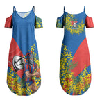 Newcastle Knights Couples Matching Summer Maxi Dress and Hawaiian Shirt Golden Wattle Floral Polynesian - Australian Flower - Rugby Mascot