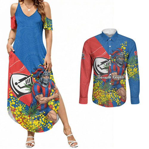 Newcastle Knights Couples Matching Summer Maxi Dress and Long Sleeve Button Shirt Golden Wattle Floral Polynesian - Australian Flower - Rugby Mascot